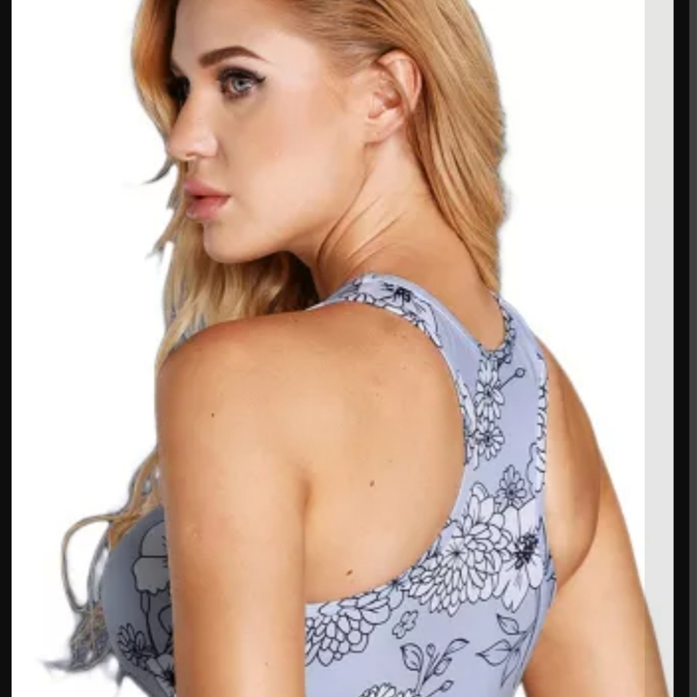Gray White Floral Print Mesh Insert Racerback Bra - Picture 2 of 3